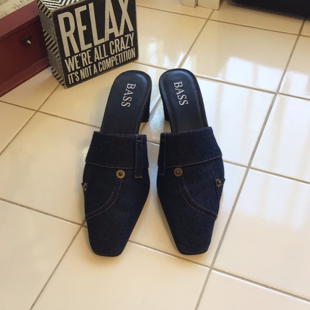 ‘Bass’ Denim Mule Heels w/Stitching - Picture 3 of 7